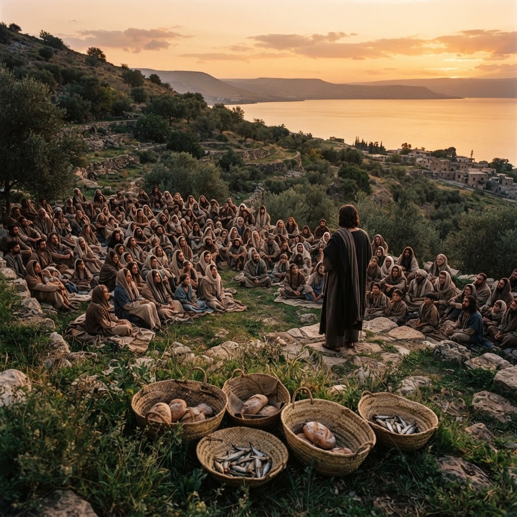 A crowd seated on a Galilean hillside at dusk as a robed teacher speaks, with baskets of barley loaves and fish in the foreground.