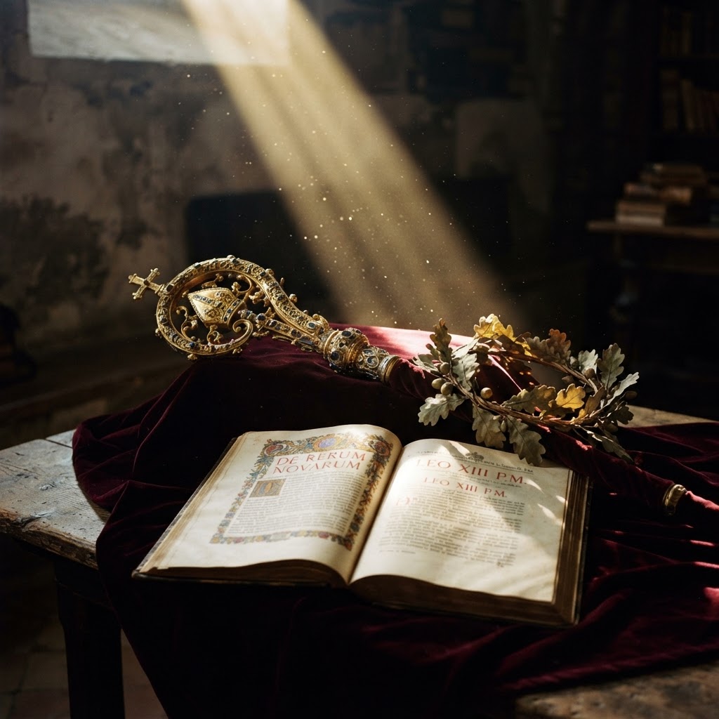 A bishop's crozier and a civic crown crossed on dark velvet over an open papal encyclical, lit by a single shaft of golden light