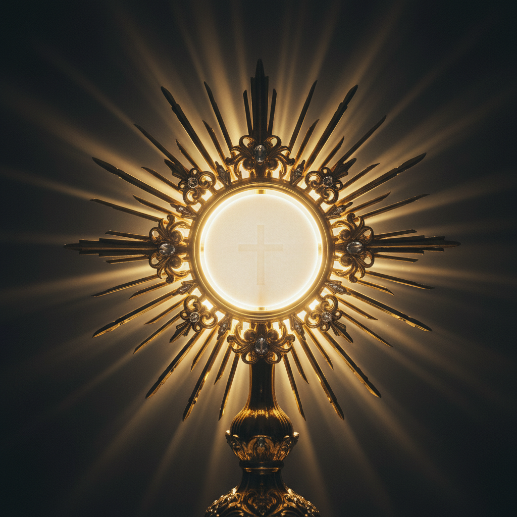 Golden monstrance with consecrated Host radiating divine light