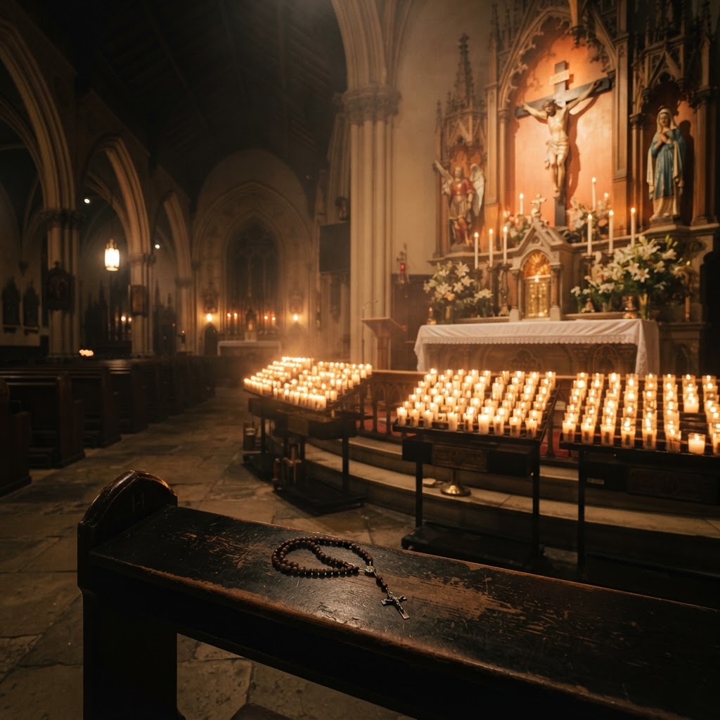 Candles burning for the faithful departed before the altar