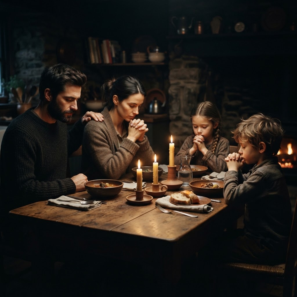 A family praying around a candlelit table