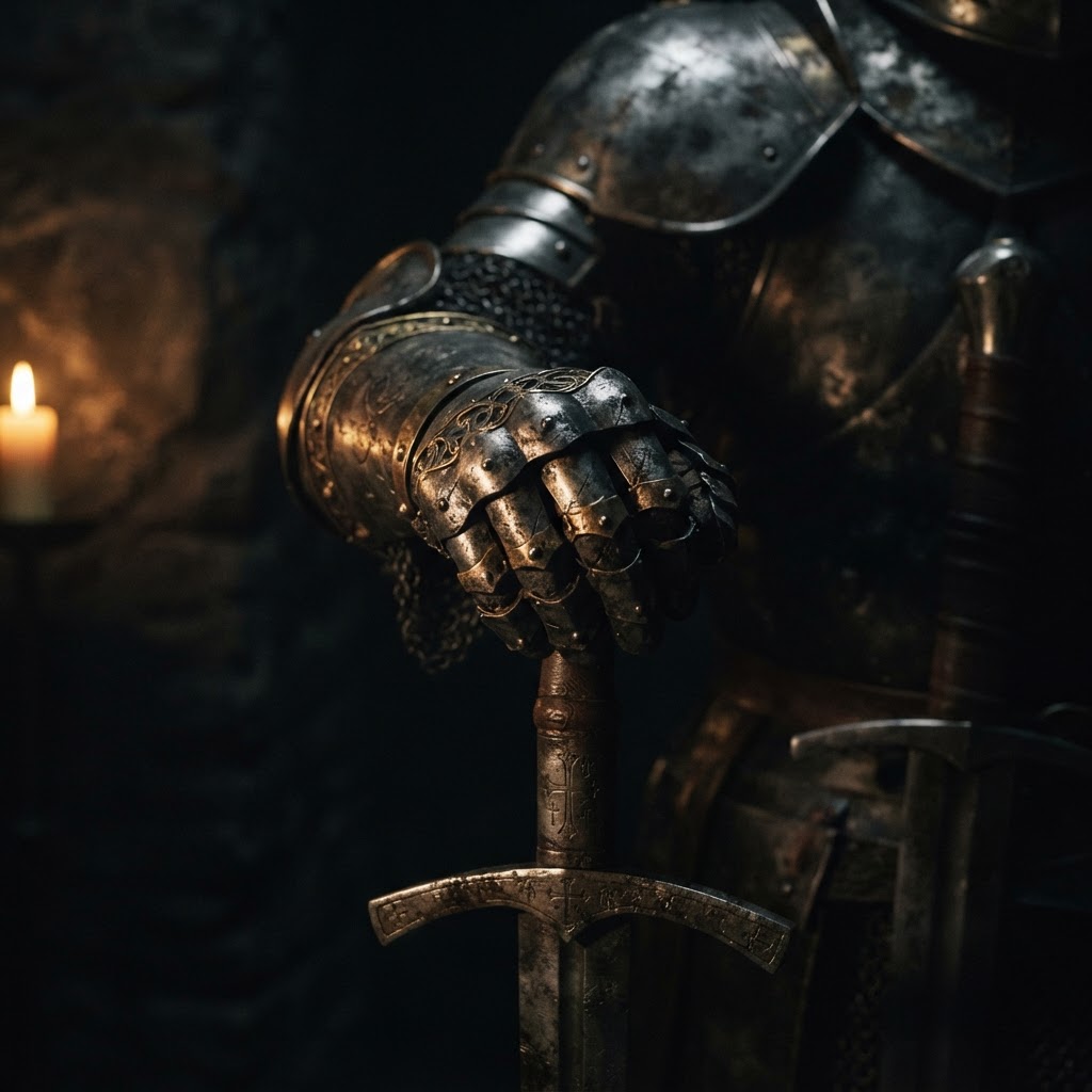 A stone gauntlet resting on the pommel of a sword in golden light