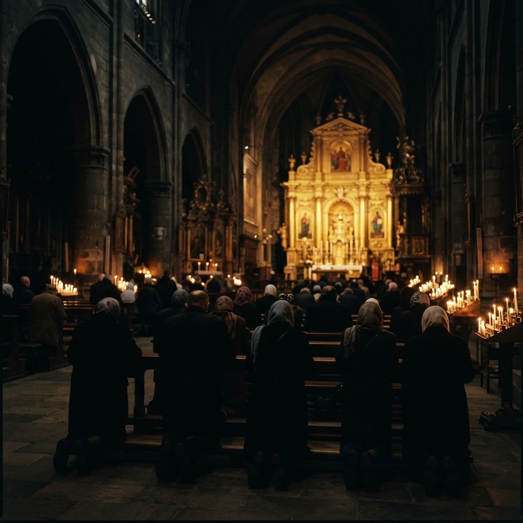 The faithful kneeling in prayer inside a darkened cathedral by candlelight