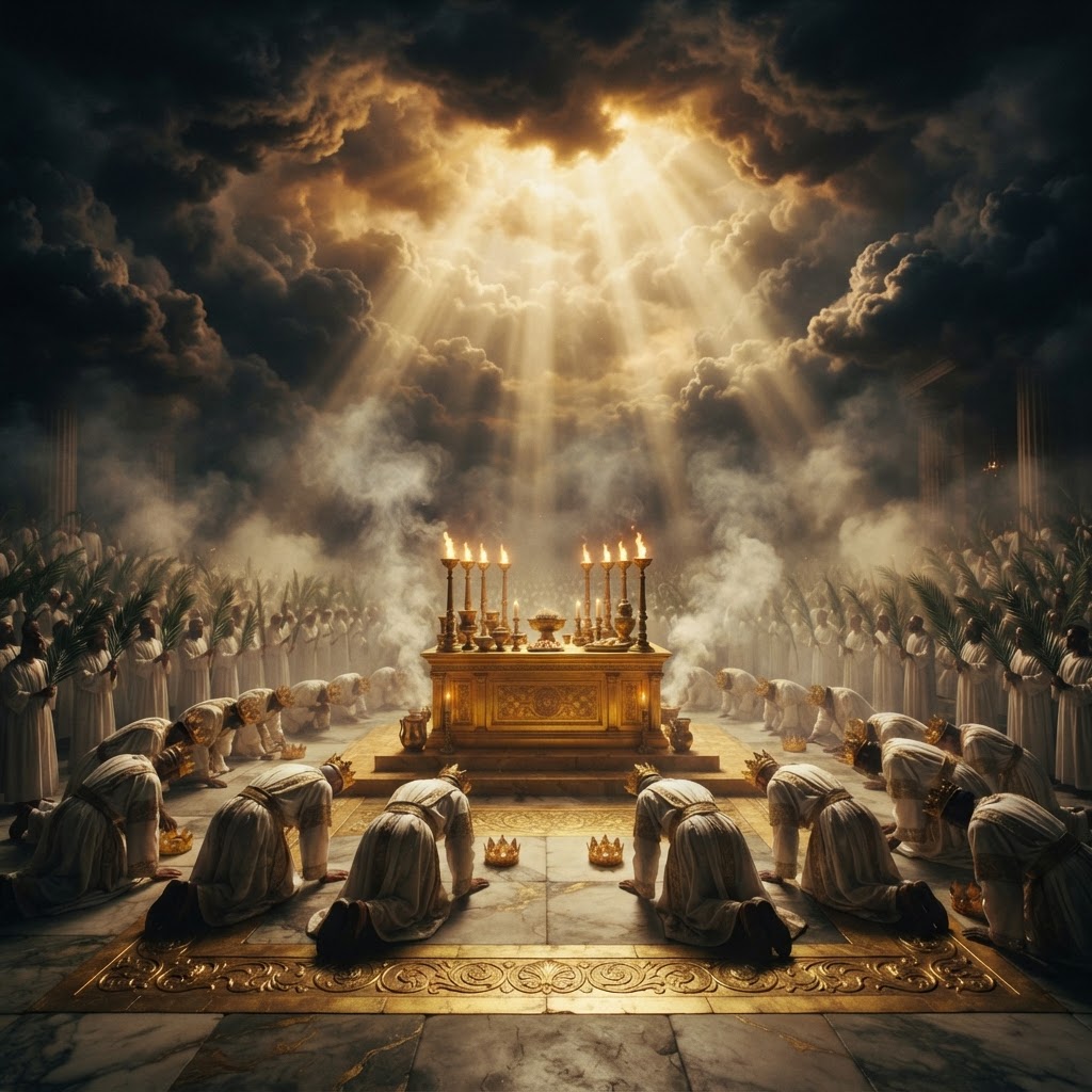 The heavenly liturgy — elders and martyrs gathered around a golden altar in radiant light