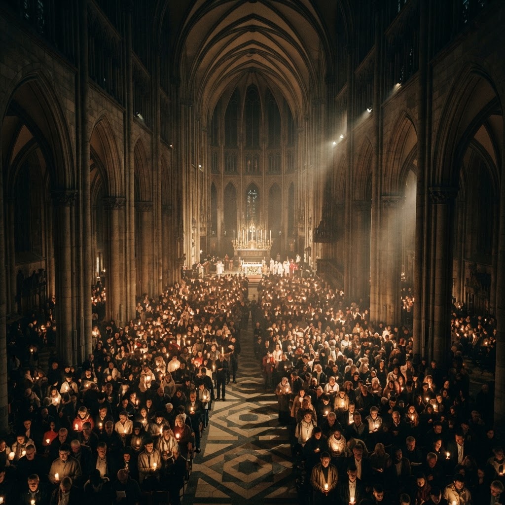 A great congregation standing together in a cathedral nave under shafts of golden light