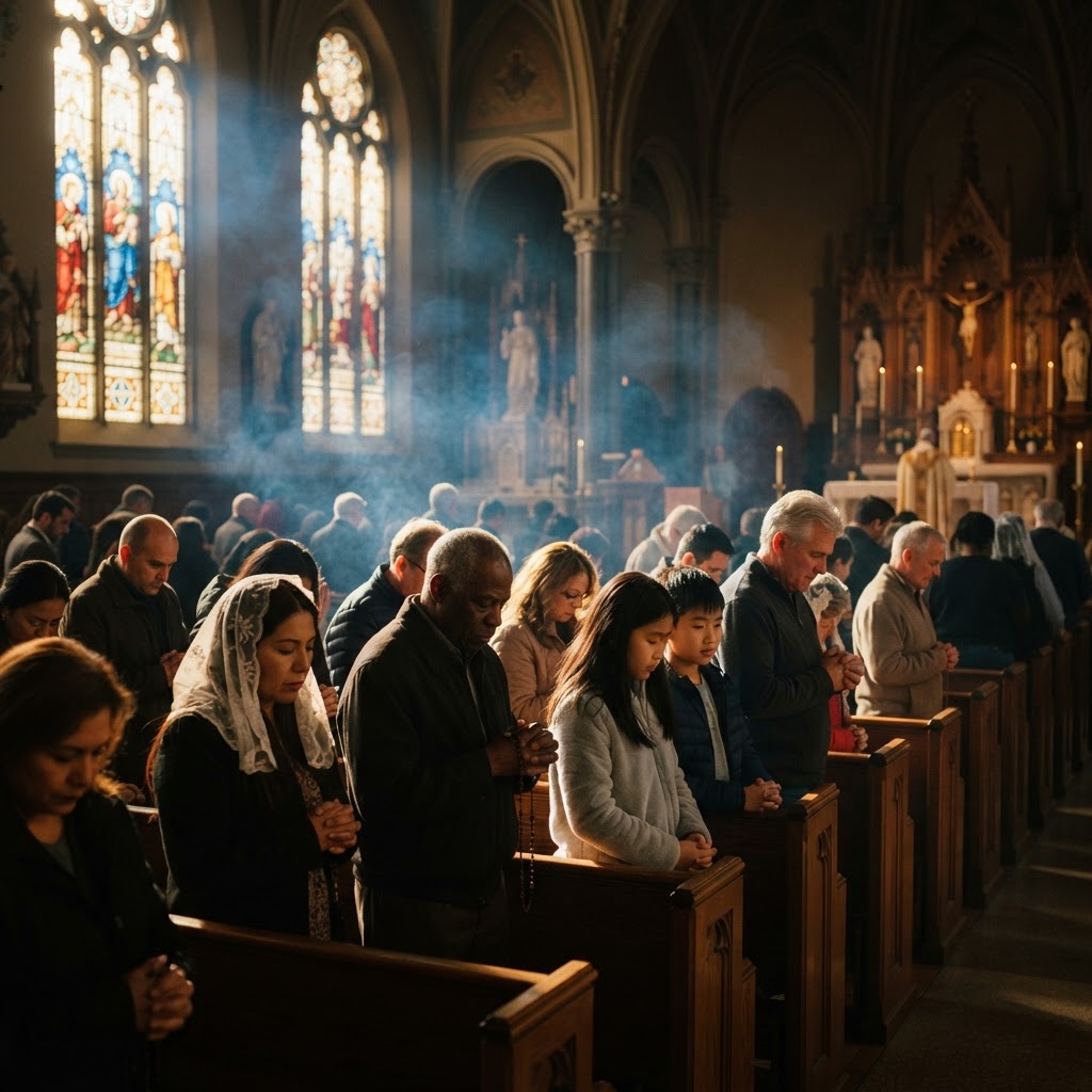 A congregation gathered in prayer inside a parish church, warm sunlight through stained glass.