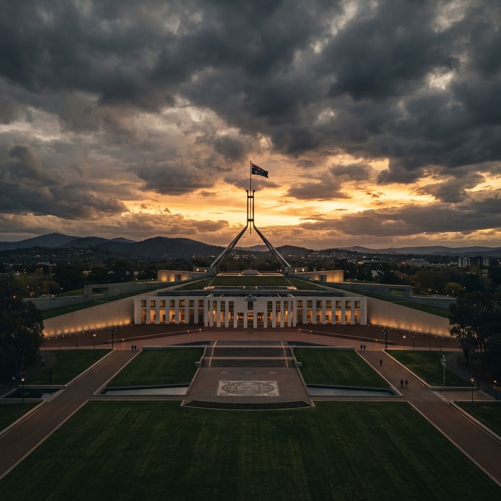 Australian Parliament House in Canberra at dusk