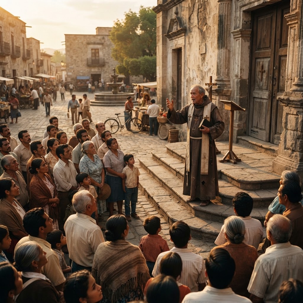 A Catholic missionary priest preaching from stone steps to a sunlit town square