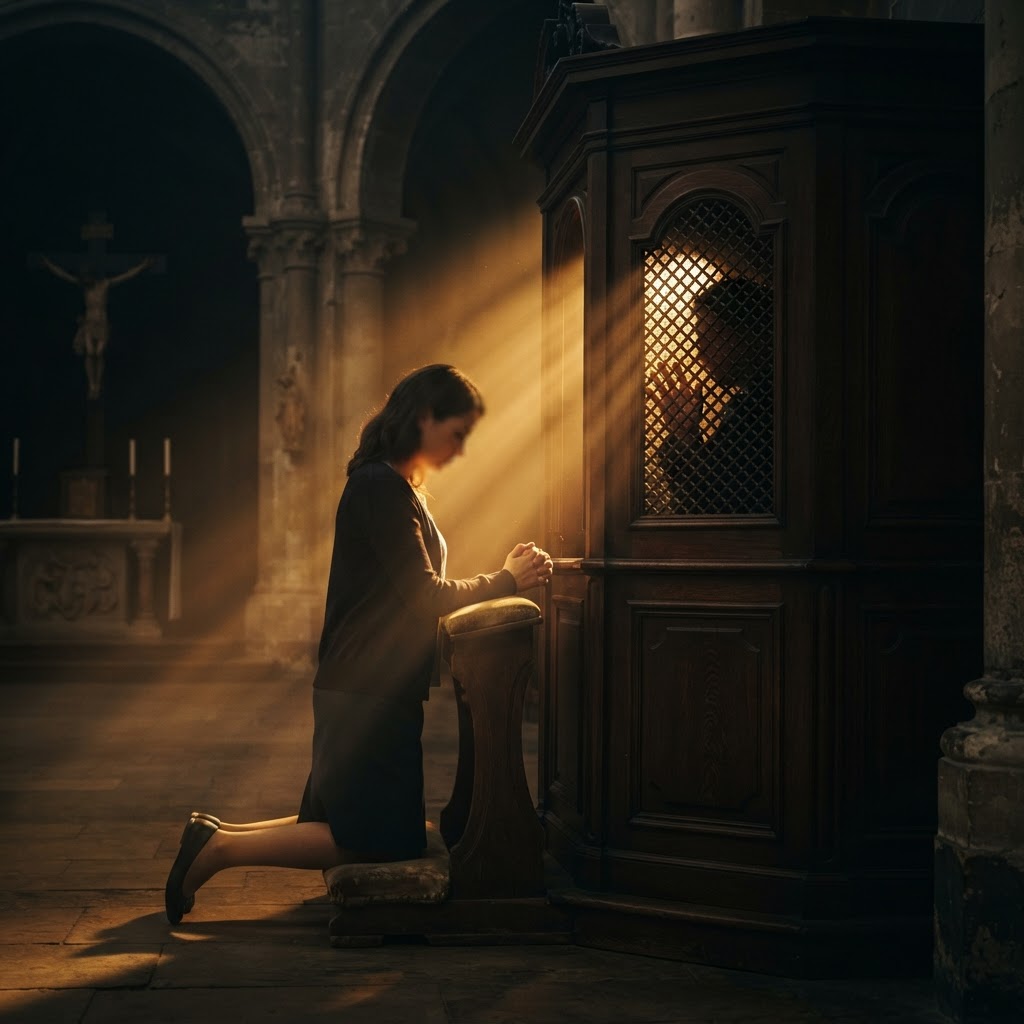 The Sacrament of Reconciliation — a penitent kneeling in golden light beside a confessional