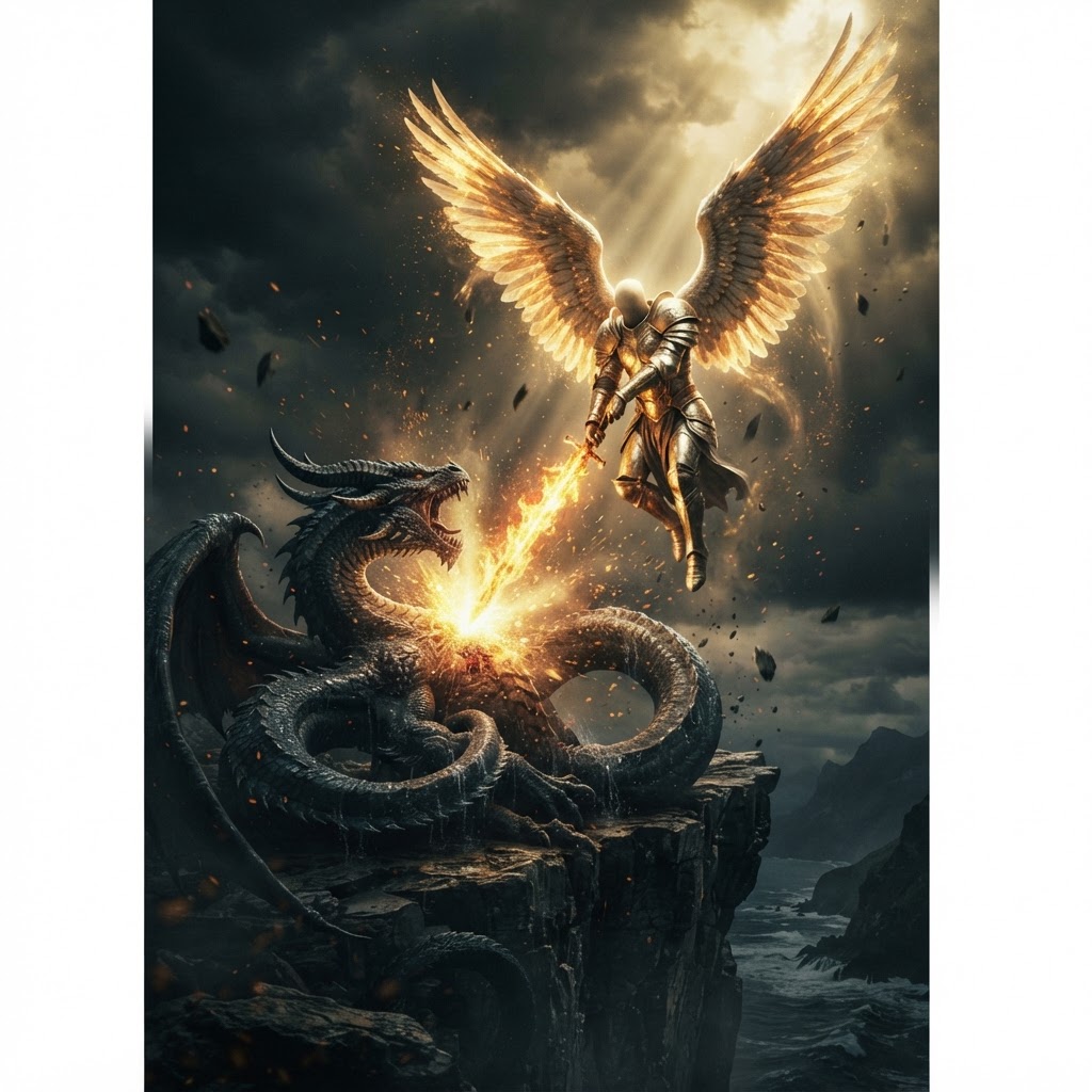 St Michael in gilded armour thrusting a sword into a coiled dragon in golden light