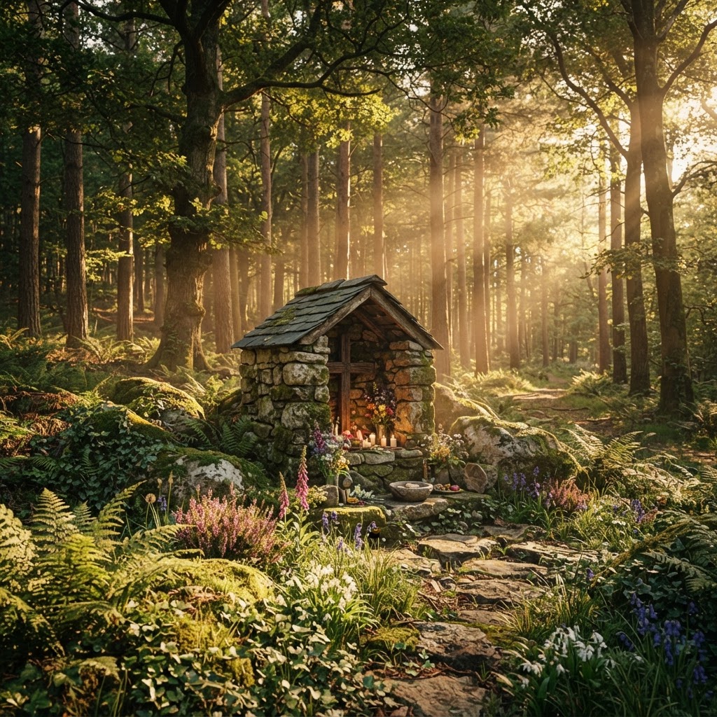 Sunlit forest clearing with a small wooden cross shrine