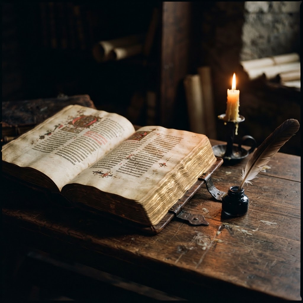 A medieval leather folio open on an oak desk beside a quill and inkwell