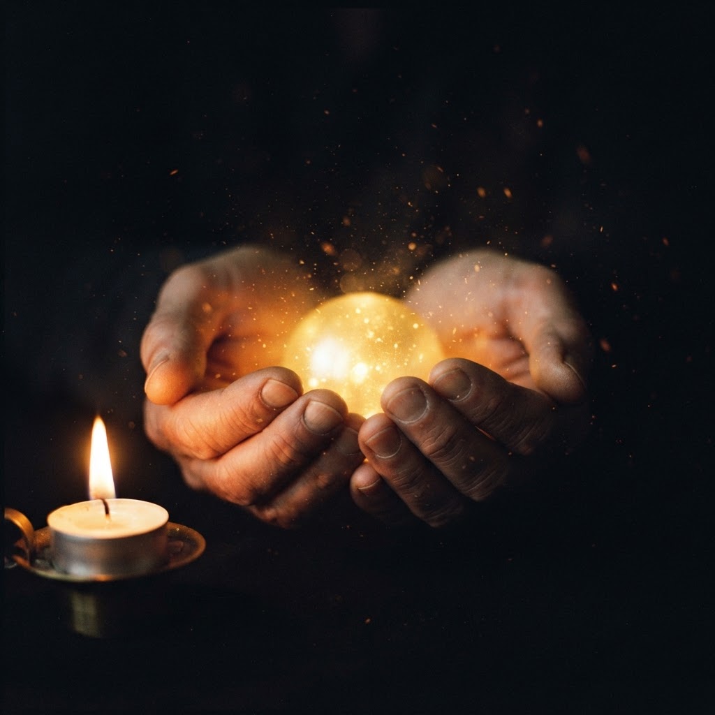 Open hands cupped around warm golden light in darkness