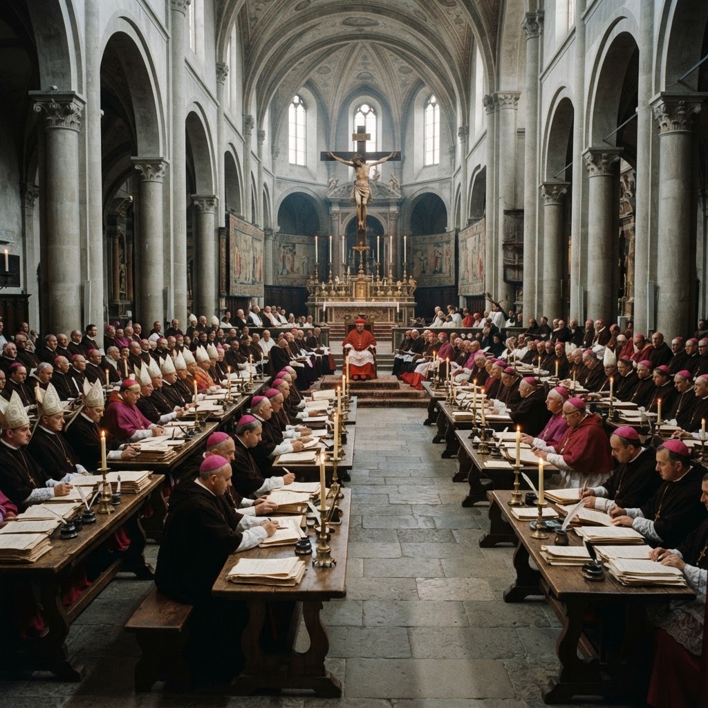 A sixteenth-century council in session in a church nave: bishops and theologians at long tables with candles, documents and a crucifix.