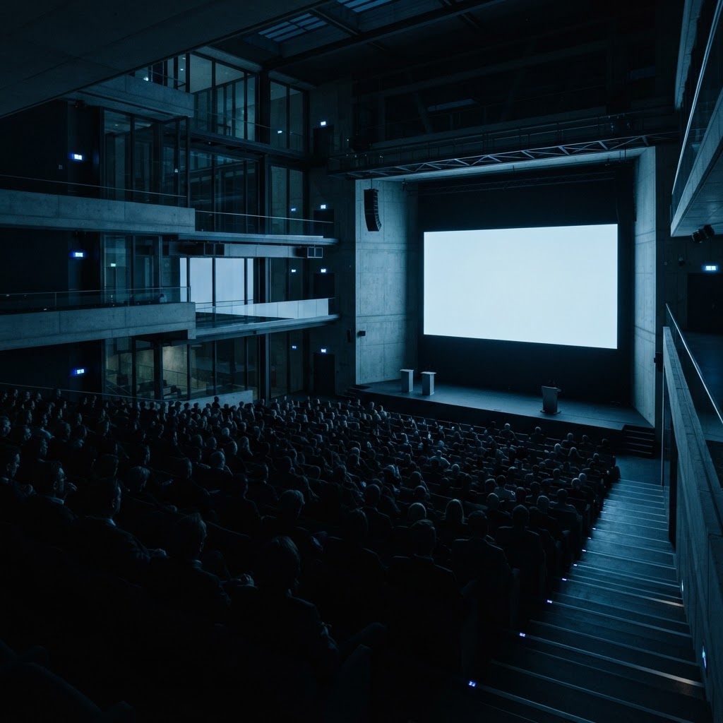 A vast modern conference hall at dusk, delegates in silhouette before a glowing screen