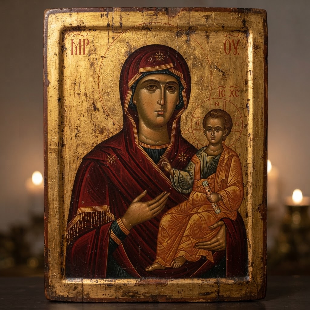 A traditional Byzantine icon of the Theotokos, the Blessed Virgin Mary holding the Christ child, with gold-leaf background and Greek inscriptions