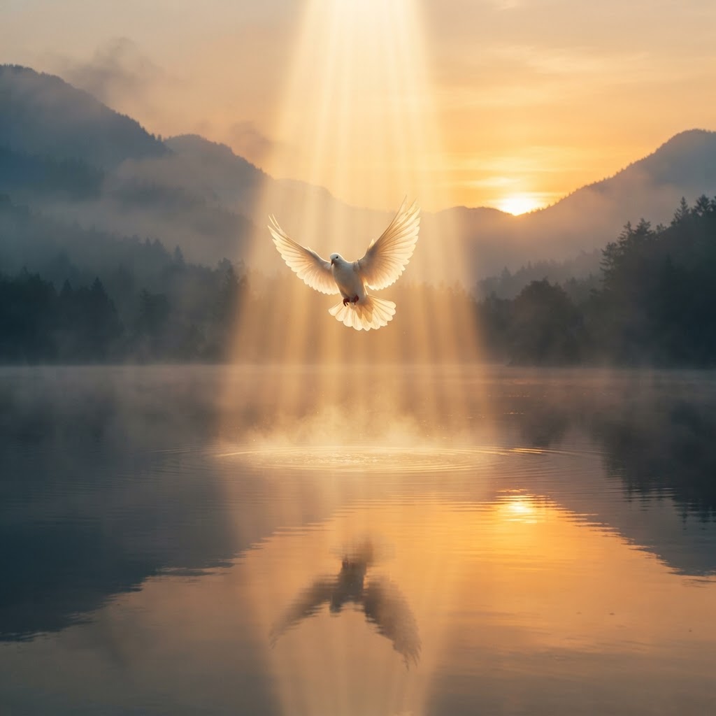 A white dove descending into a shaft of golden light over calm water at dawn