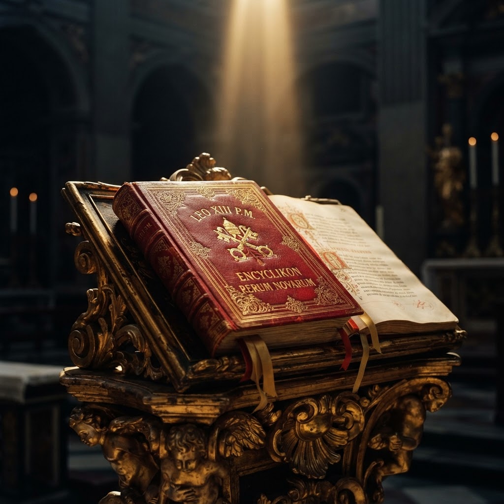 An ornate papal encyclical on a gilded lectern under a shaft of gold