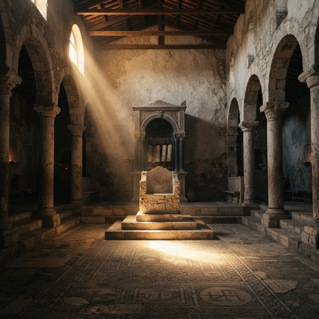 A carved stone chair of Moses at the centre of a mosaic floor in an ancient Galilean synagogue, with a stone ark holding Torah scrolls behind it.