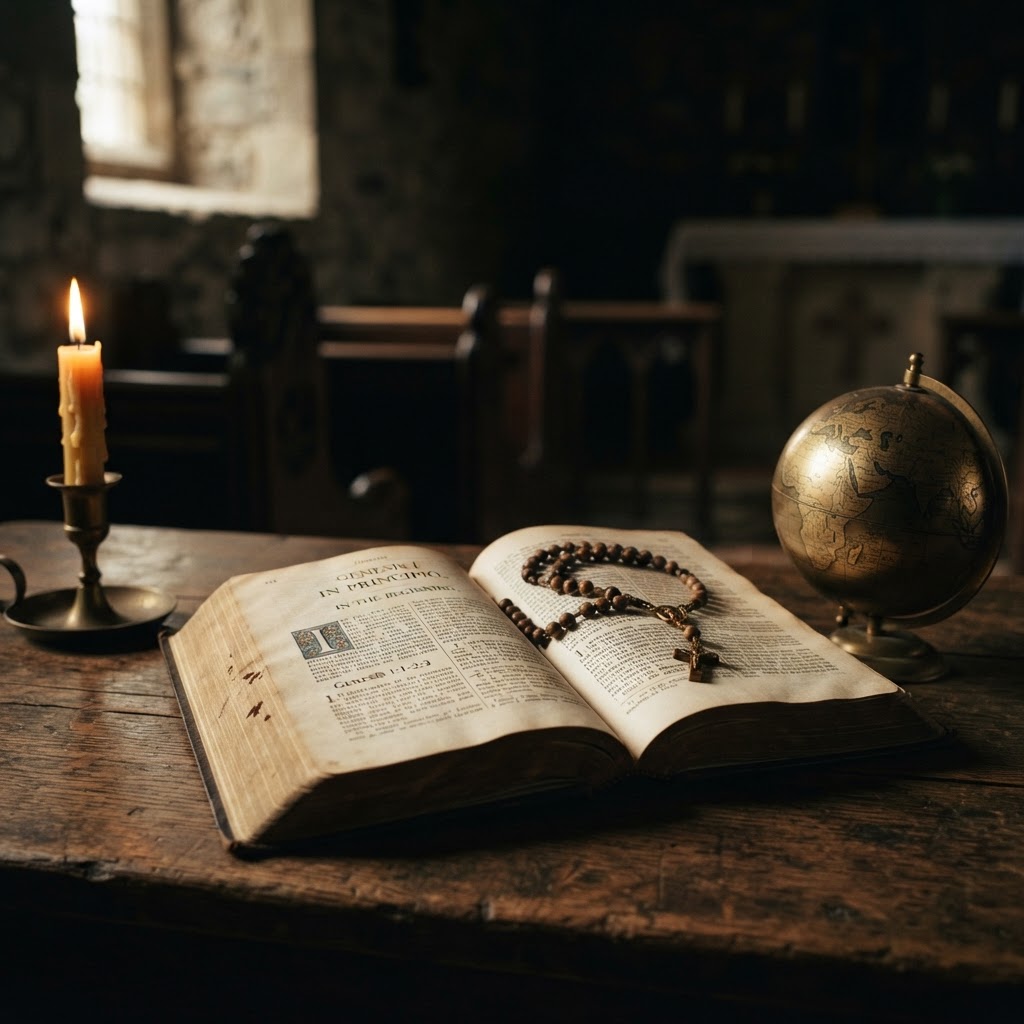 An open Catholic Bible showing Genesis beside a small brass globe and a rosary on a dark wooden table