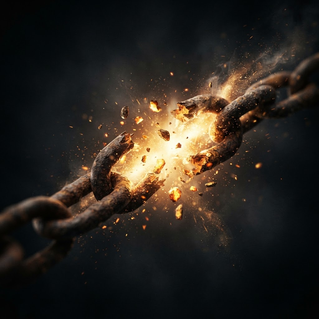 Rusted iron chains breaking apart in a burst of golden light
