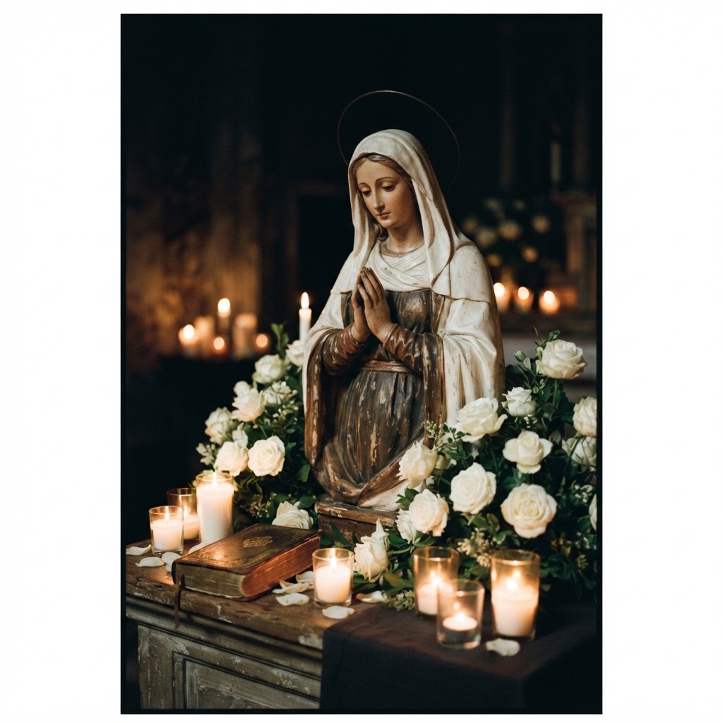 A candlelit statue of Mary surrounded by white roses and a prayer book