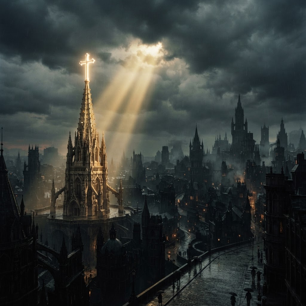 A luminous church spire and cross standing alone against a dark stormy cityscape