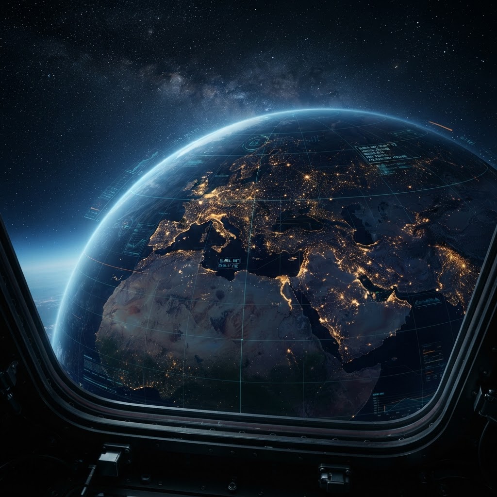 Earth seen from orbit beneath faint digital grid lines