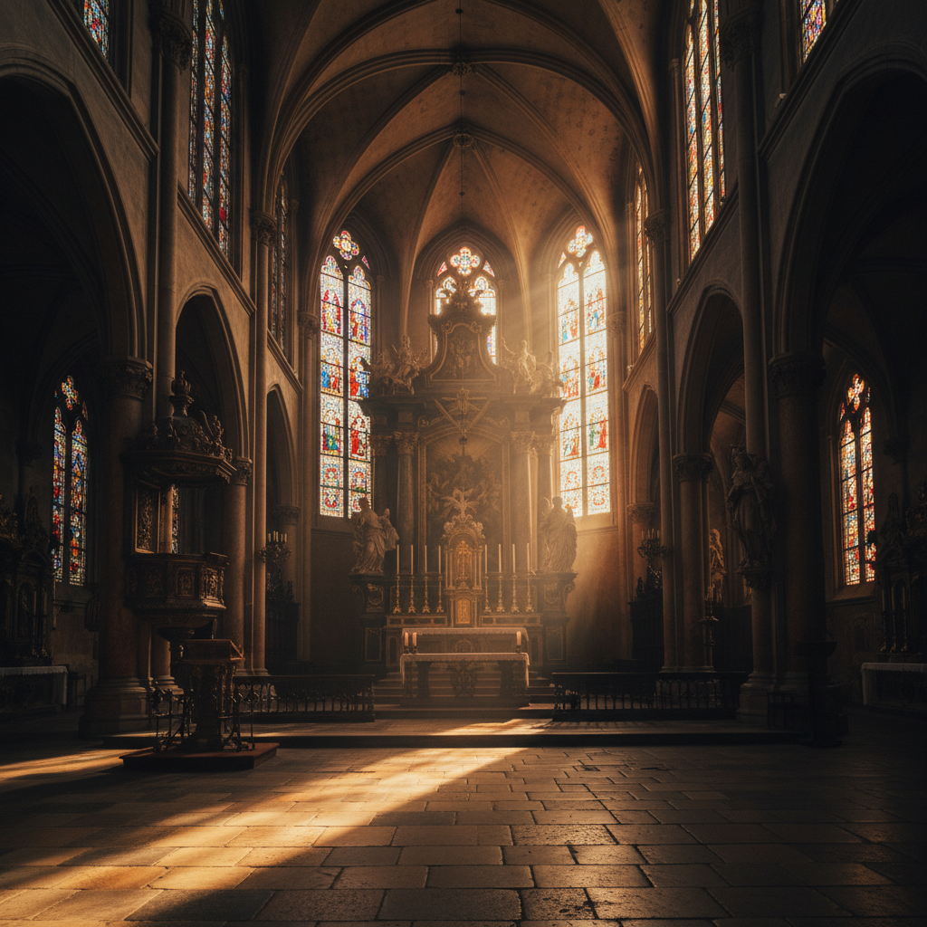Catholic cathedral interior with golden light rays through stained glass