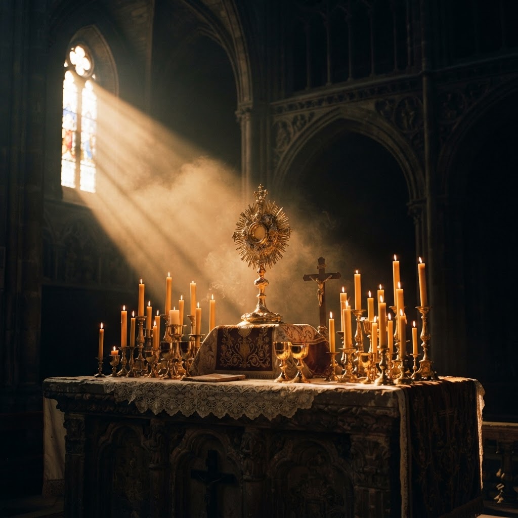 A golden monstrance on a candlelit altar with beams of light