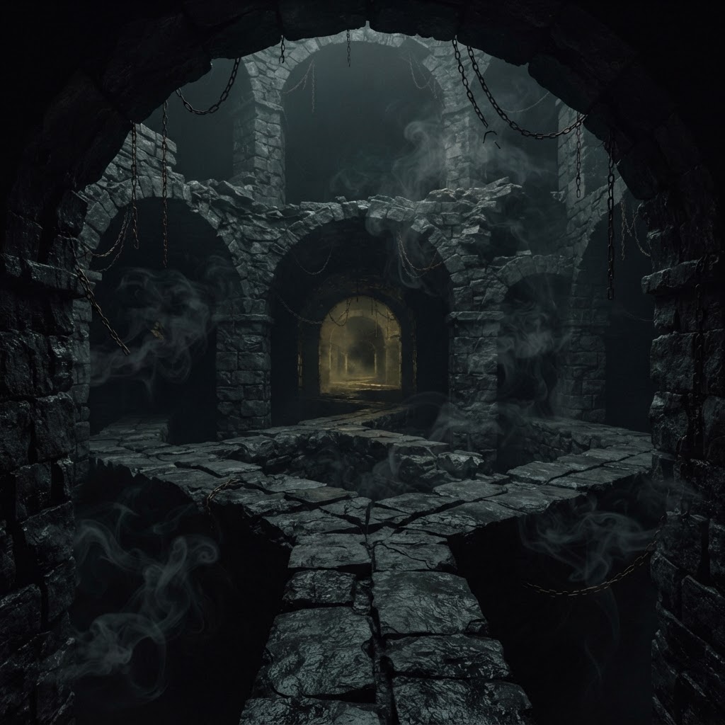 A dark labyrinth of stone corridors splitting into fractured paths