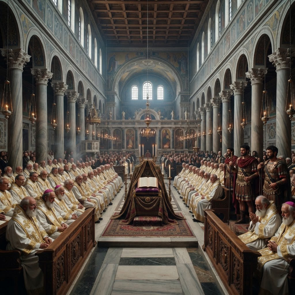 Bishops seated in two facing rows in a great basilica around an enthroned Gospel book, with lamplight and marble columns.