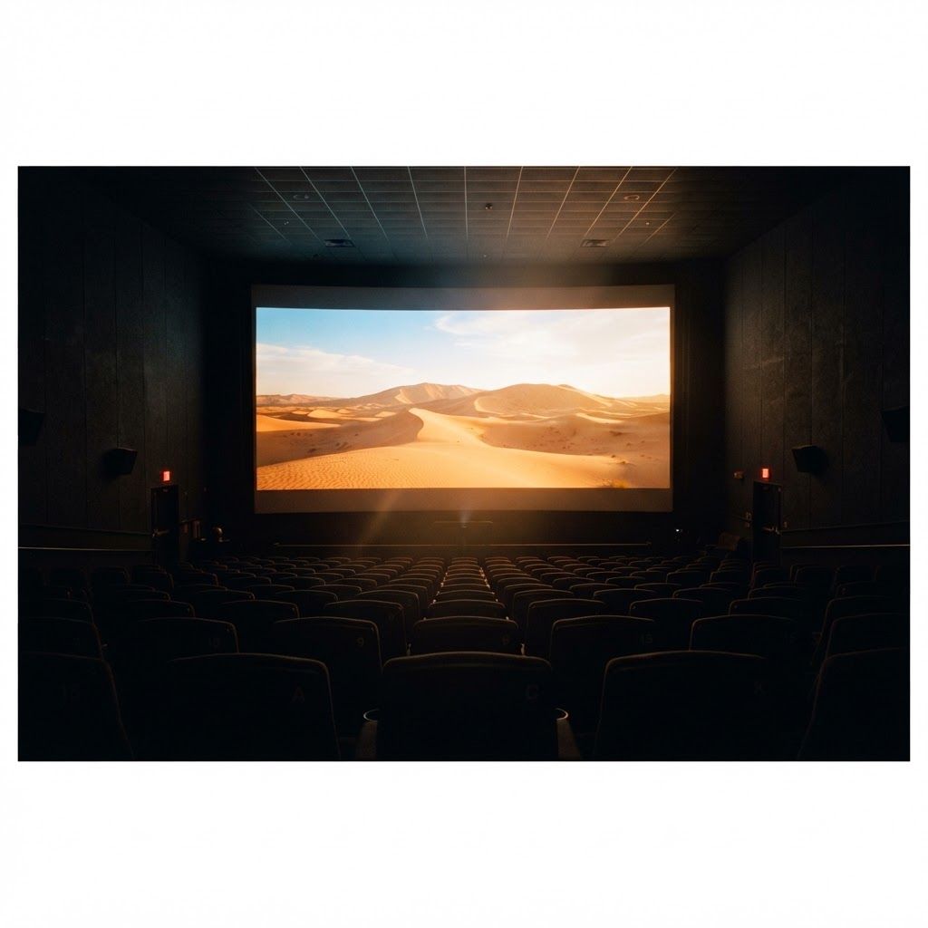 A glowing cinema screen showing a desert landscape in a dark room