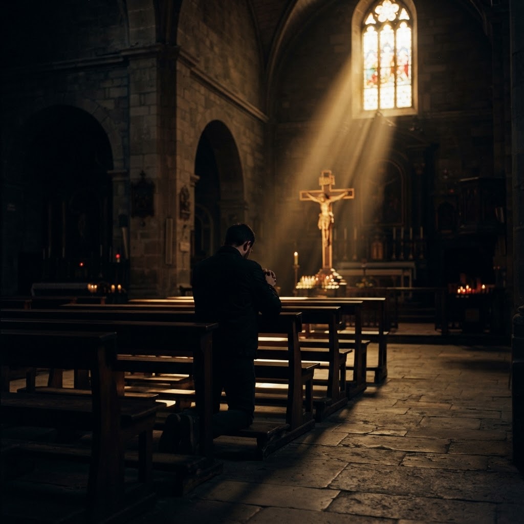 A man kneeling alone in a darkened church, a shaft of light falling across the floor