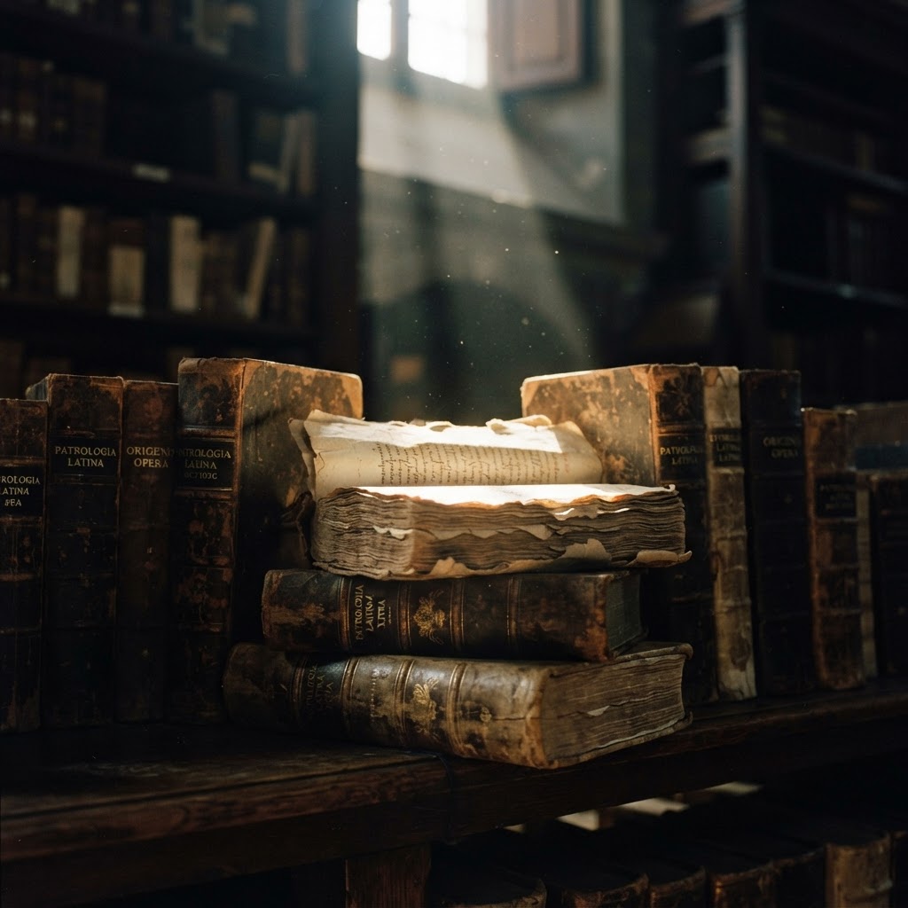 Ancient folios stacked in a dim monastery library with a shaft of light