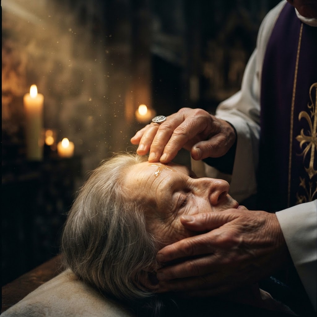 A priest's hands anointing a forehead with sacred chrism oil in candlelight