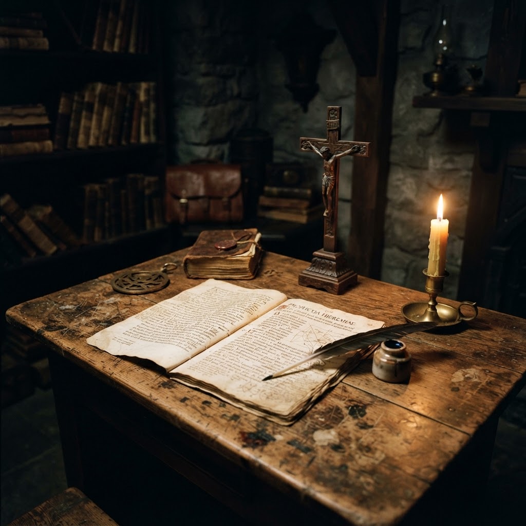 A candlelit desk with an open parchment and a crucifix