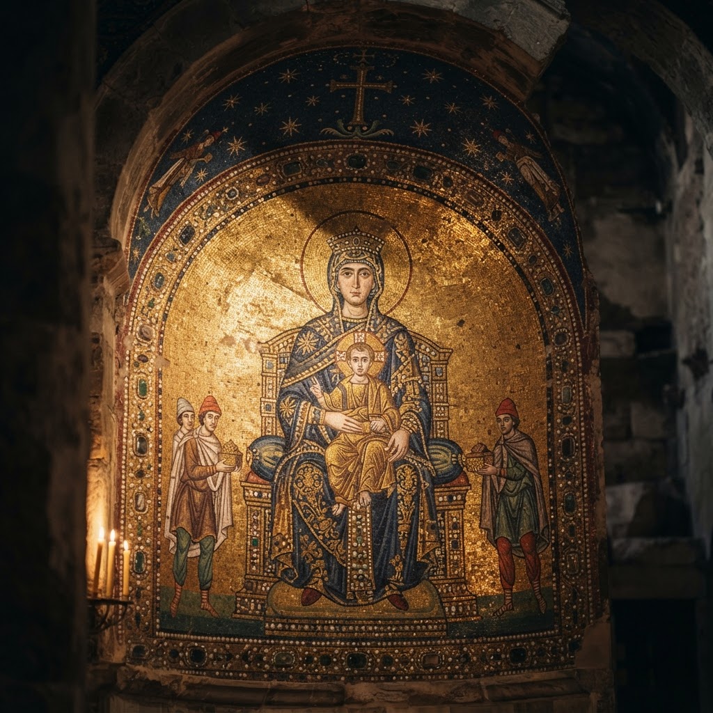 The triumphal arch mosaic of Santa Maria Maggiore, Rome, with the Mother of God enthroned