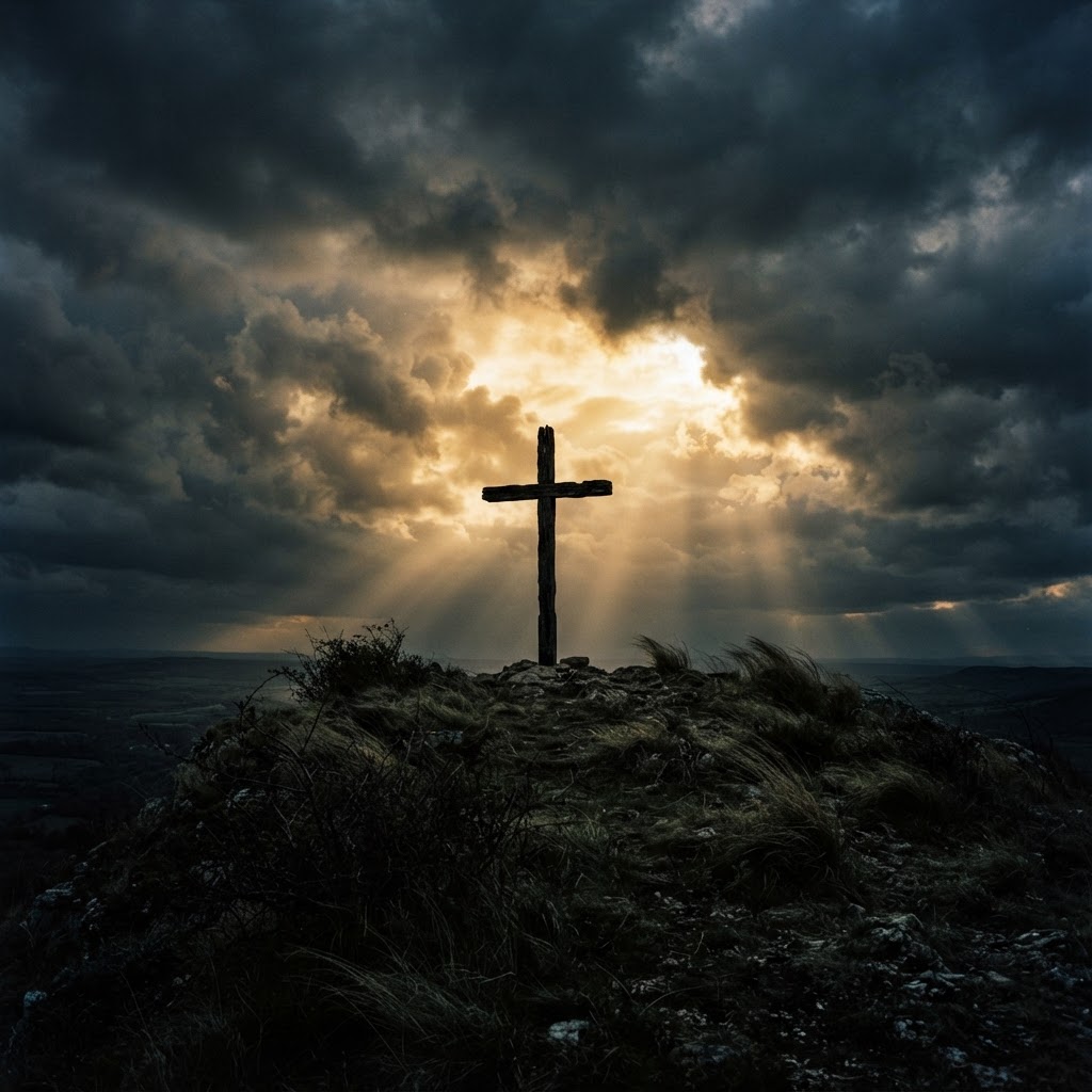 A plain cross silhouetted against a turbulent storm sky breaking with golden light