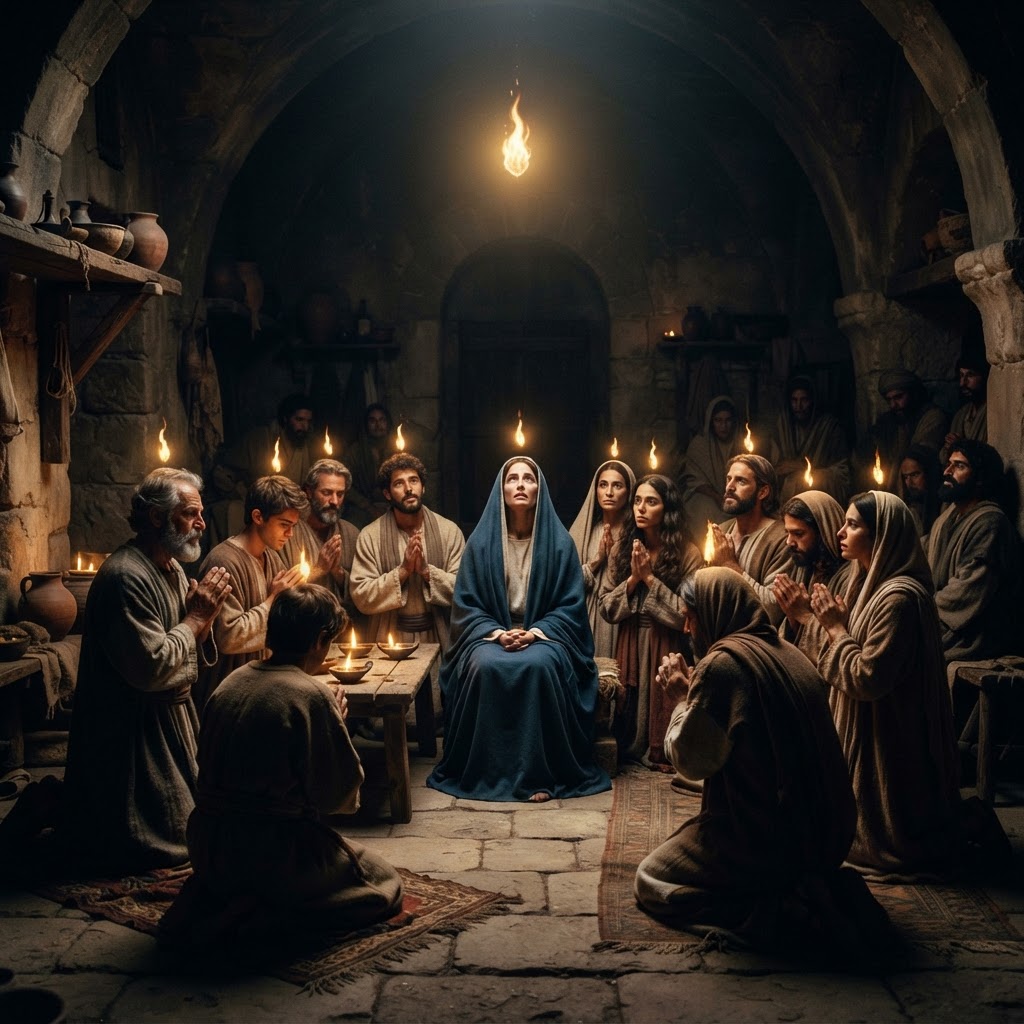 Disciples kneeling in prayer in an upper room around a woman in a blue mantle as flame descends.