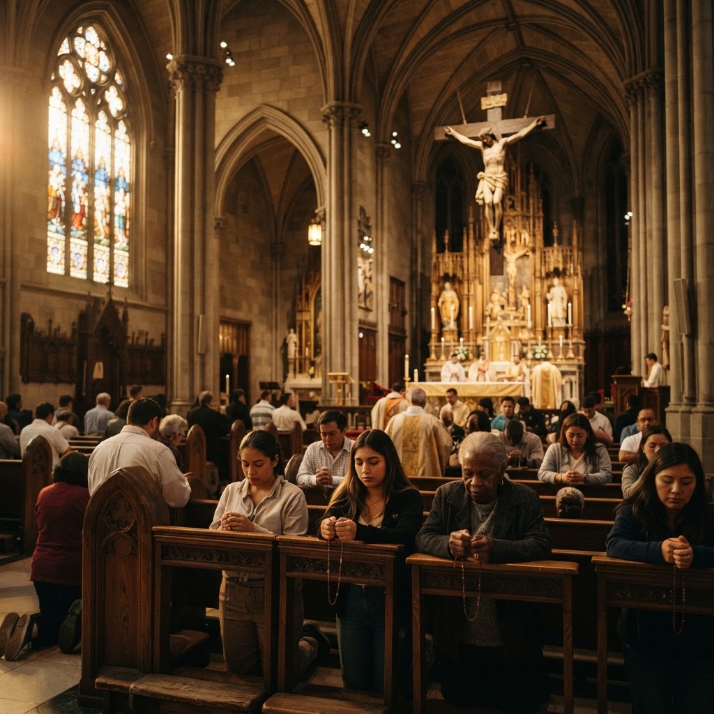 Catholic congregation praying with rosaries before a crucifix in a cathedral