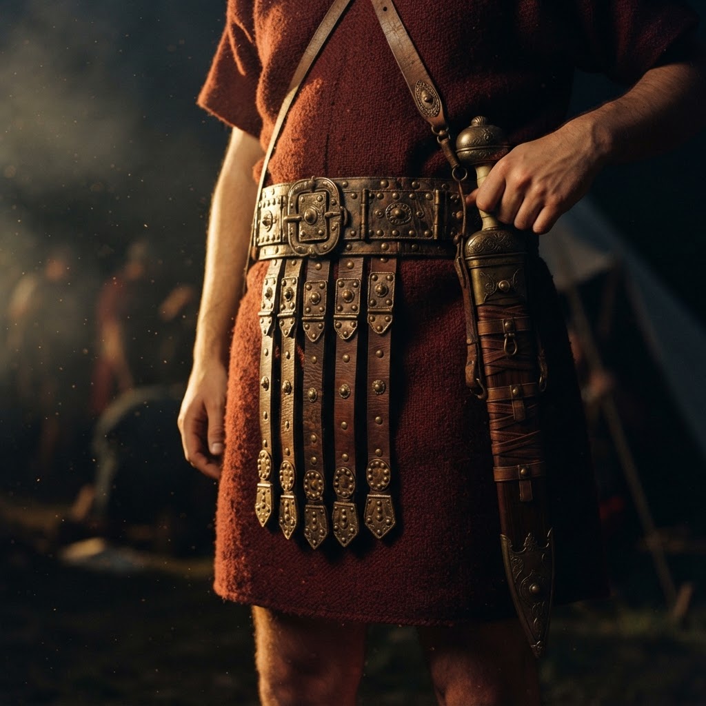 The Roman soldier's studded leather cingulum belt beside a gladius scabbard
