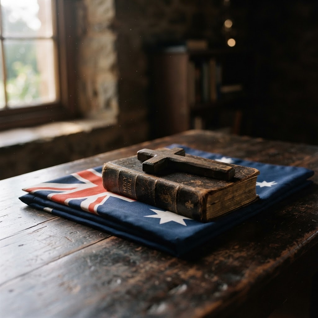 A worn Holy Bible and wooden cross resting on a folded Australian flag on a dark timber table, soft window light