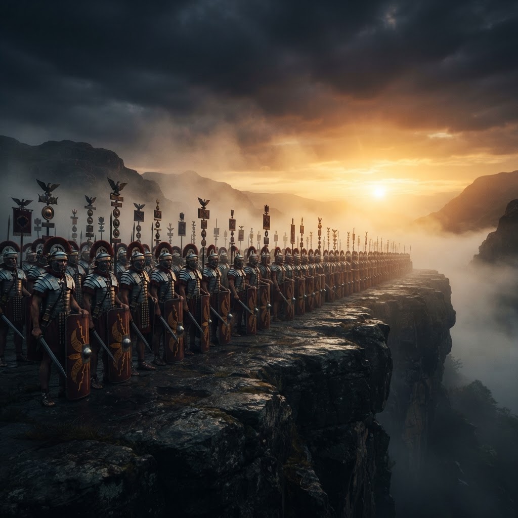 A disciplined line of Roman legionaries standing in full armour at golden dawn