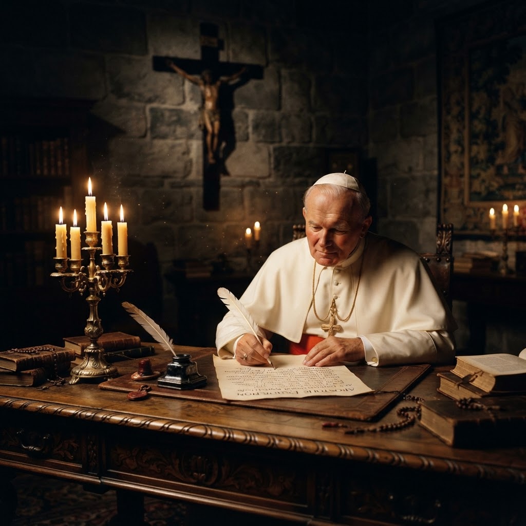 Pope St John Paul II writing by candlelight in a Vatican study