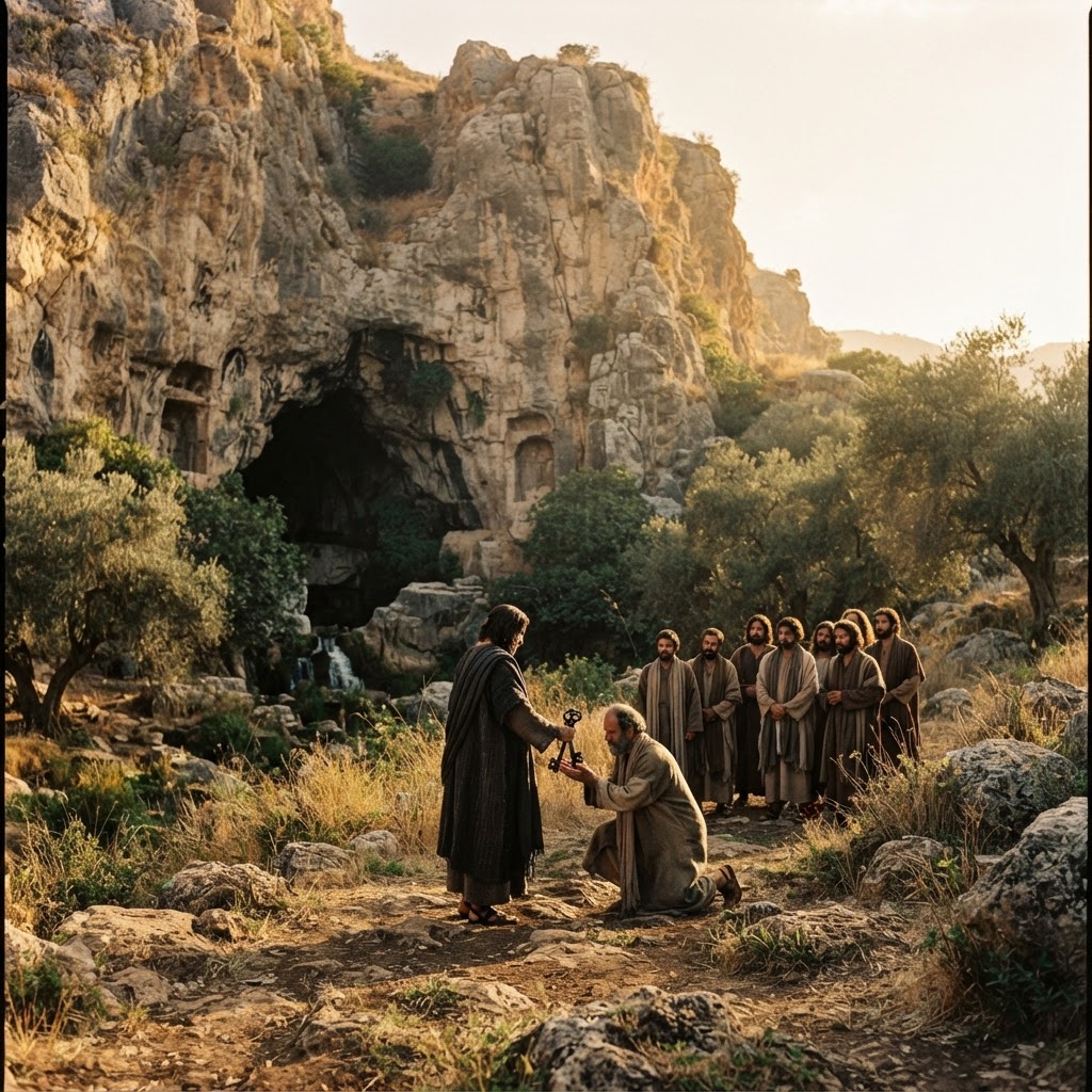 A robed first-century teacher handing large iron keys to a kneeling bearded fisherman at the rock face of Caesarea Philippi at golden hour.