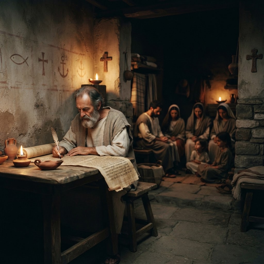 A second-century bishop writing a letter by oil lamplight on a papyrus scroll in a Roman house-church, with Christians praying in the shadows behind him.
