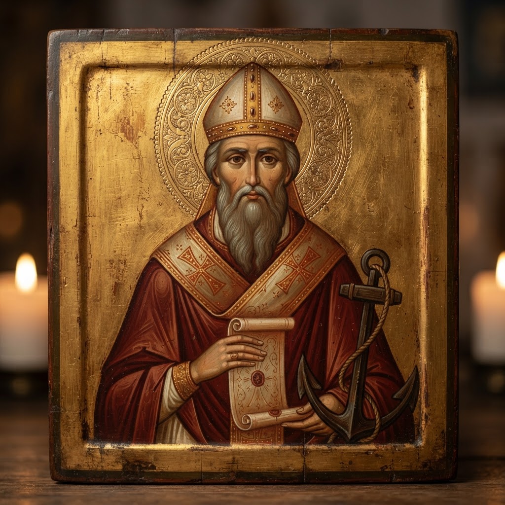 Icon of St Clement of Rome holding a scroll beside a ship's anchor