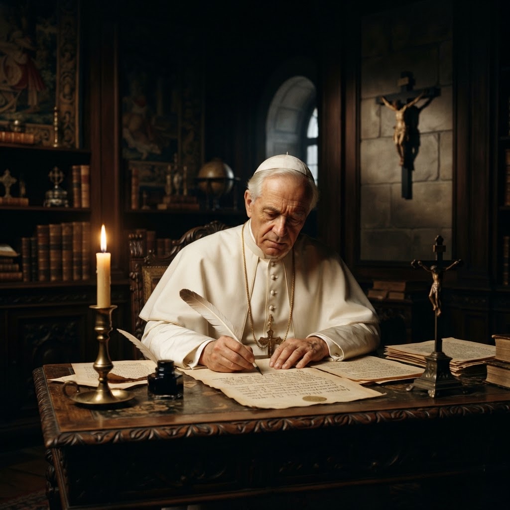 Pope Pius X writing by candlelight
