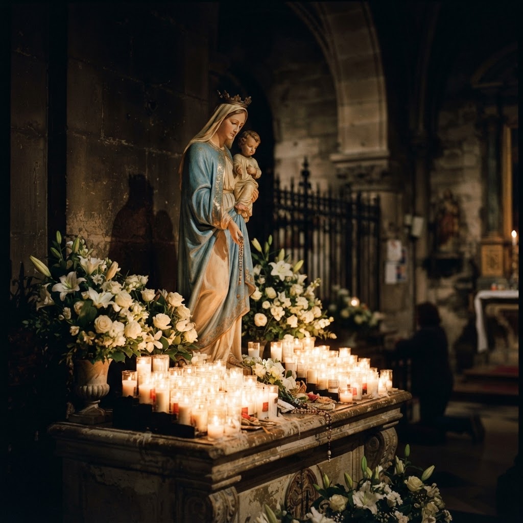 A candlelit statue of the Virgin Mary with lilies and votive candles